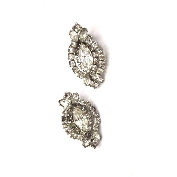 Vintage KRAMER Rhinestone Clip-On Earrings Marquise Cut Clear Crystals Silver-To - Picture 2 of 3